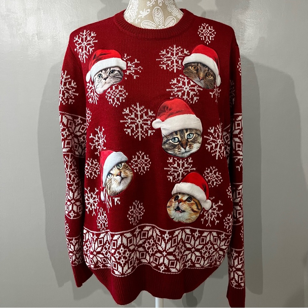 Ugly Christmas Cat Kitty Sweater / Snowflakes Cats With Santa Hats / Large